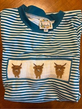 Smocked Teal & White Striped Baby Top with Highland Cow Smocking